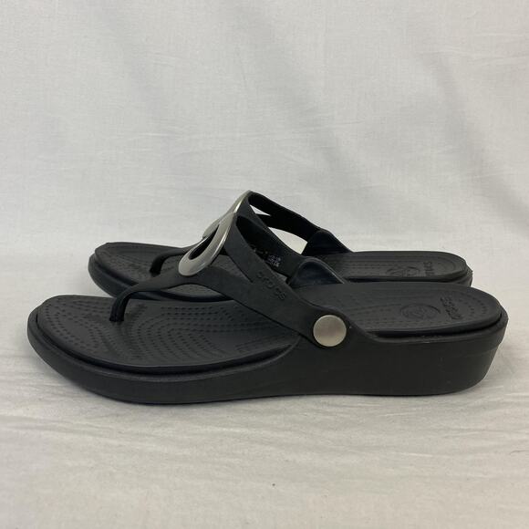 Crocs Sandals Womens Size 9 Black Sanrah Wedge Flip Flop Thong Ring Comfort - Picture 6 of 12